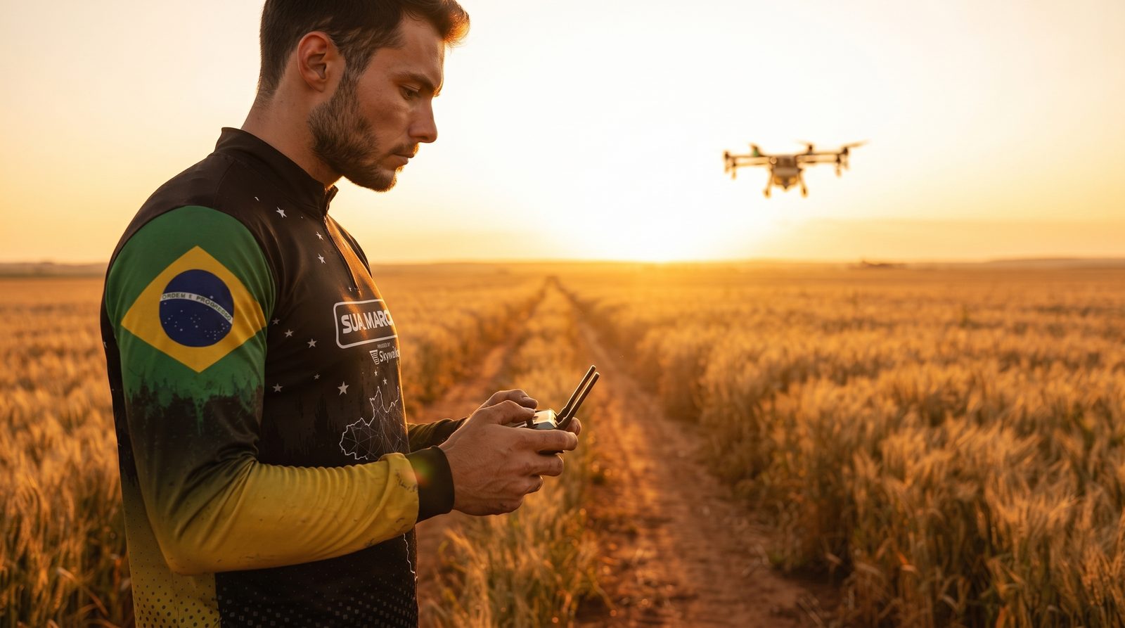 Agente da rede operando drone ao pôr do sol